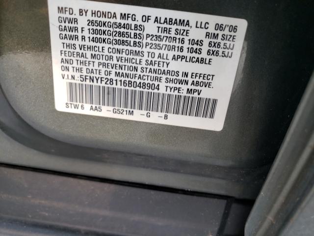 Photo 10 from auction – 2006 HONDA PILOT LX with VIN 5FNYF28116B048904