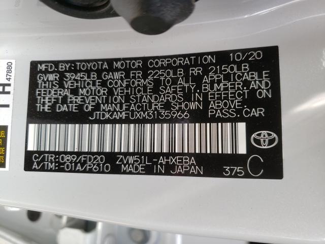 Photo 10 from auction – 2021 TOYOTA PRIUS SPEC with VIN JTDKAMFUXM3135966