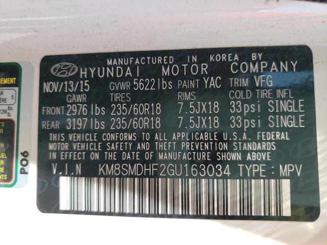 Photo 10 from auction – 2016 HYUNDAI SANTA FE S with VIN KM8SMDHF2GU163034