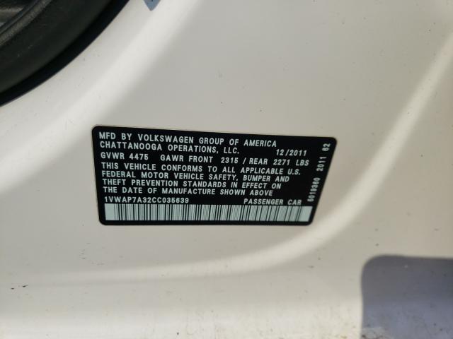 Photo 10 from auction – 2012 VOLKSWAGEN PASSAT S with VIN 1VWAP7A32CC035639
