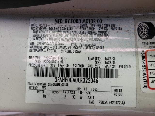 Photo 10 from auction – 2012 FORD FUSION S with VIN 3FAHP0GA0CR322046
