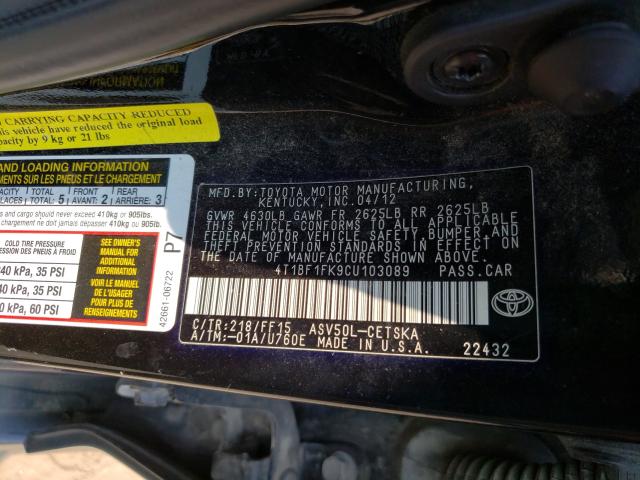 Photo 10 from auction – 2012 TOYOTA CAMRY BASE with VIN 4T1BF1FK9CU103089