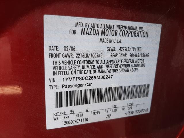 Photo 10 from auction – 2006 MAZDA 6 I with VIN 1YVFP80C265M38247