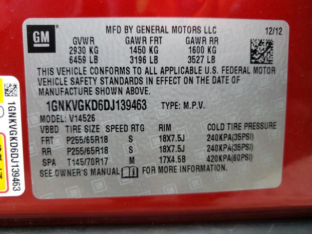 Photo 10 from auction – 2013 CHEVROLET TRAVERSE L with VIN 1GNKVGKD6DJ139463