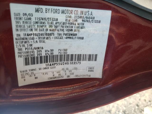 Photo 10 from auction – 2004 FORD TAURUS SES with VIN 1FAHP55U24G103575