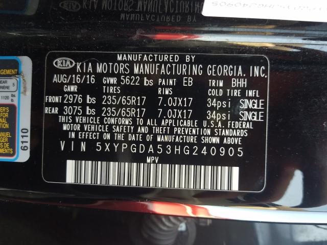 Photo 10 from auction – 2017 KIA SORENTO LX with VIN 5XYPGDA53HG240905