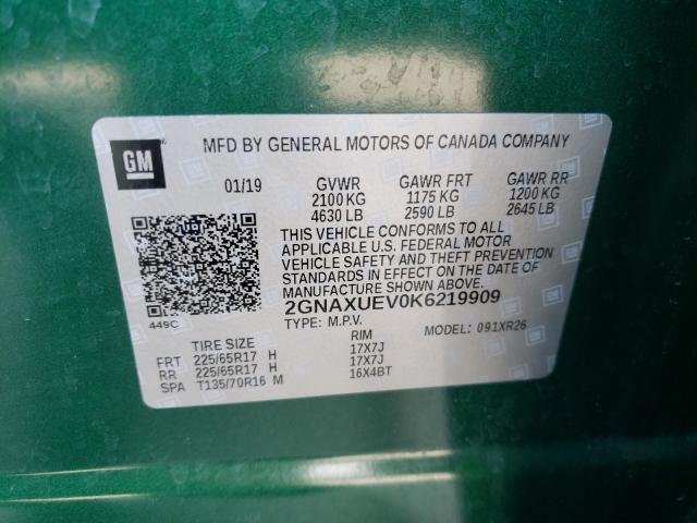 Photo 10 from auction – 2019 CHEVROLET EQUINOX LT with VIN 2GNAXUEV0K6219909