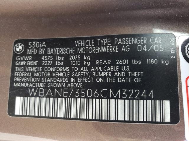 Photo 10 from auction – 2006 BMW 530 I with VIN WBANE73506CM32244