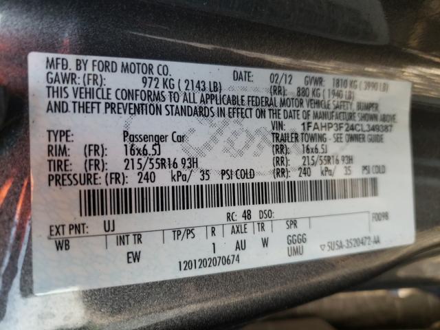 Photo 10 from auction – 2012 FORD FOCUS SE with VIN 1FAHP3F24CL349387