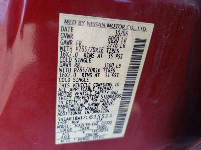 Photo 10 from auction – 2007 NISSAN PATHFINDER with VIN 5N1AR18W17C615511