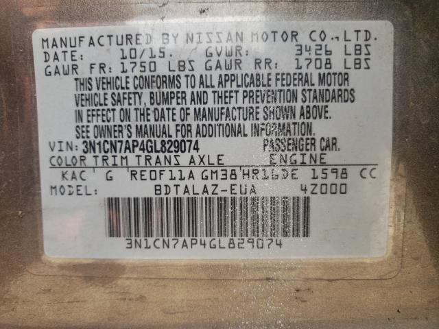 Photo 10 from auction – 2016 NISSAN VERSA S with VIN 3N1CN7AP4GL829074