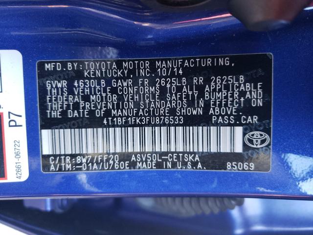 Photo 10 from auction – 2015 TOYOTA CAMRY LE with VIN 4T1BF1FK3FU876533