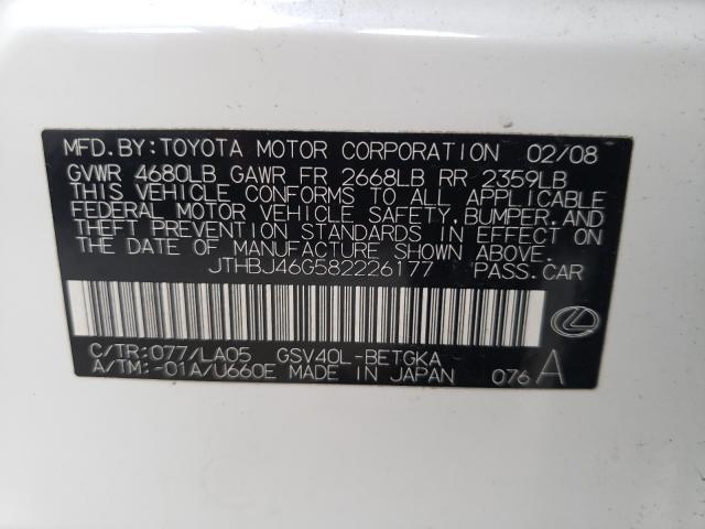 Photo 10 from auction – 2008 LEXUS ES 350 with VIN JTHBJ46G582226177