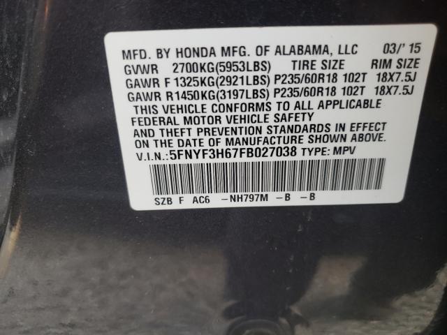 Photo 10 from auction – 2015 HONDA PILOT EXL with VIN 5FNYF3H67FB027038