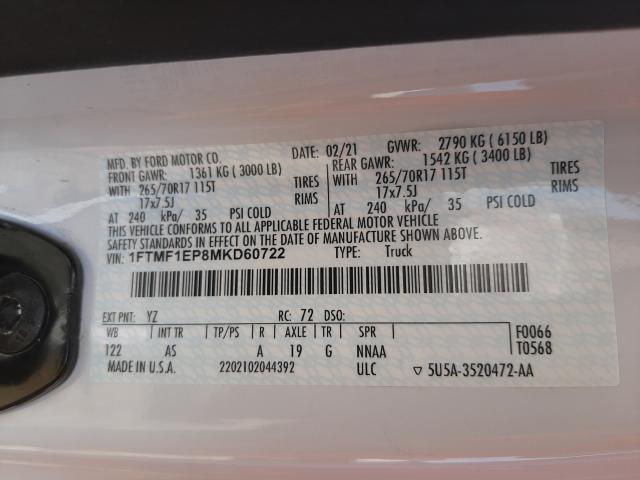 Photo 10 from auction – 2021 FORD F150 with VIN 1FTMF1EP8MKD60722