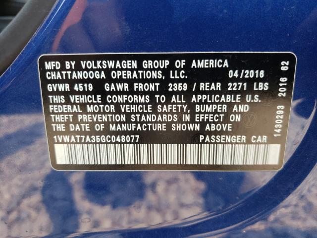 Photo 10 from auction – 2016 VOLKSWAGEN PASSAT S with VIN 1VWAT7A35GC048077