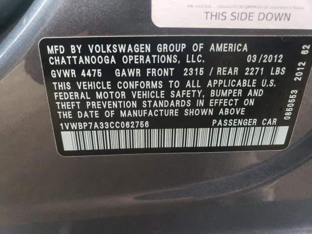 Photo 10 from auction – 2012 VOLKSWAGEN PASSAT SE with VIN 1VWBP7A33CC062756
