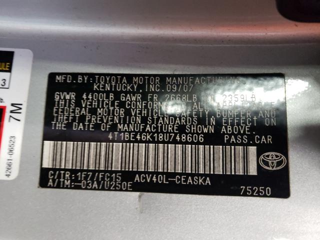 Photo 10 from auction – 2008 TOYOTA CAMRY CE with VIN 4T1BE46K18U748606