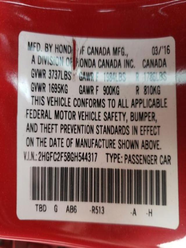 Photo 10 from auction – 2016 HONDA CIVIC LX with VIN 2HGFC2F58GH544317