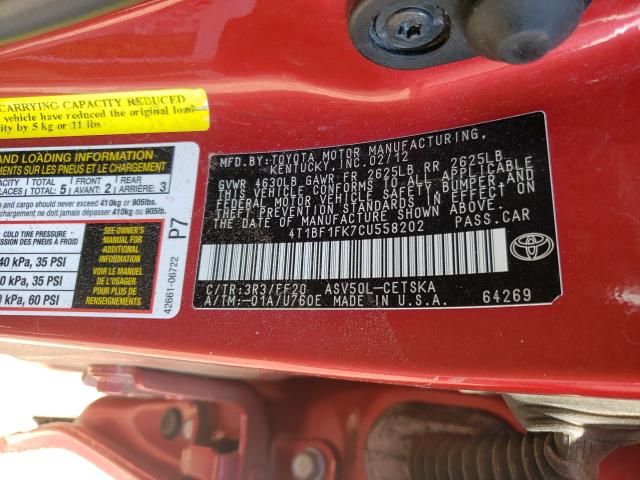 Photo 10 from auction – 2012 TOYOTA CAMRY with VIN 4T1BF1FK7CU558202