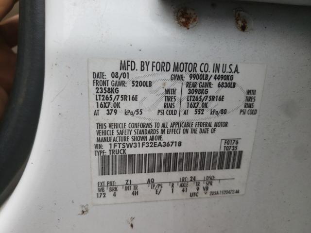 Photo 10 from auction – 2002 FORD F350 SRW S with VIN 1FTSW31F32EA36718