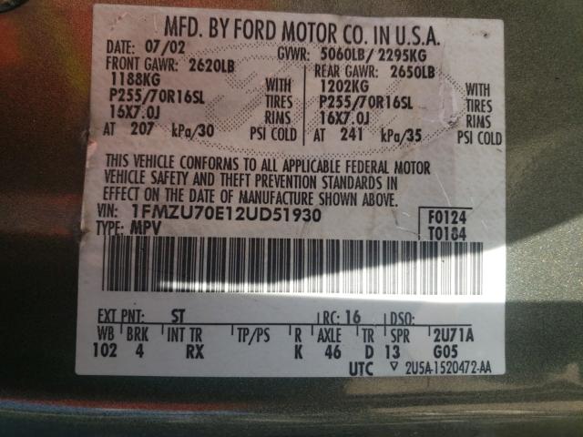 Photo 10 from auction – 2002 FORD EXPLORER S with VIN 1FMZU70E12UD51930