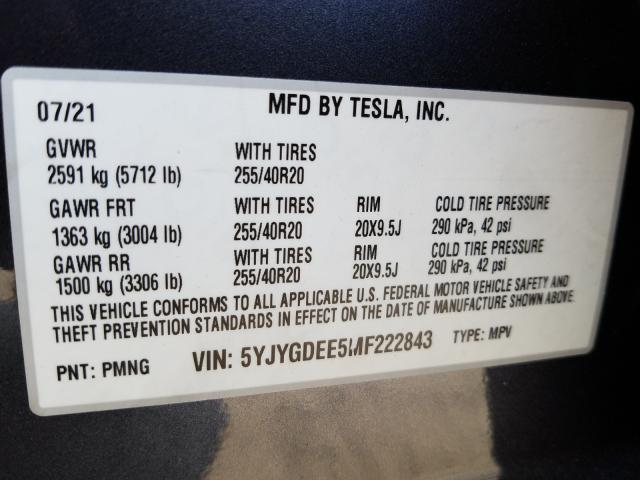 Photo 10 from auction – 2021 TESLA MODEL Y with VIN 5YJYGDEE5MF222843