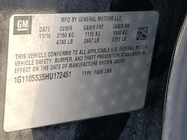 CHEVROLET IMPALA LT 2017 with VIN 1G1105S35HU172451 - Photo from auction