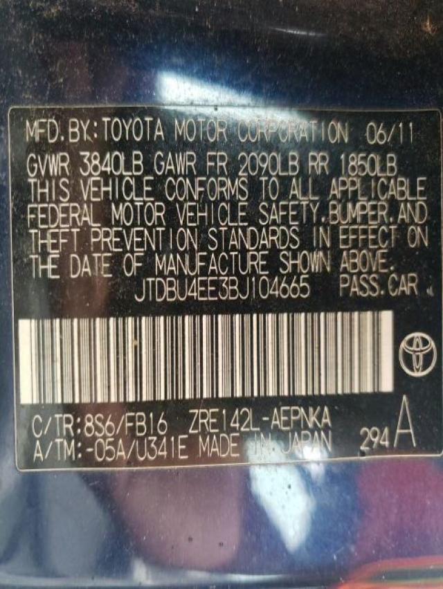 Photo 10 from auction – 2011 TOYOTA COROLLA BA with VIN JTDBU4EE3BJ104665
