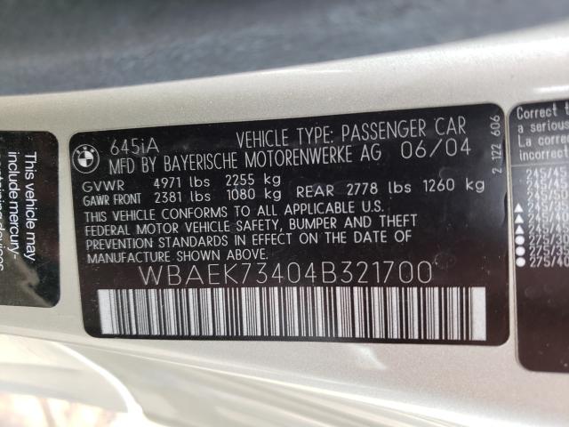 Photo 10 from auction – 2004 BMW 645 CI AUT with VIN WBAEK73404B321700