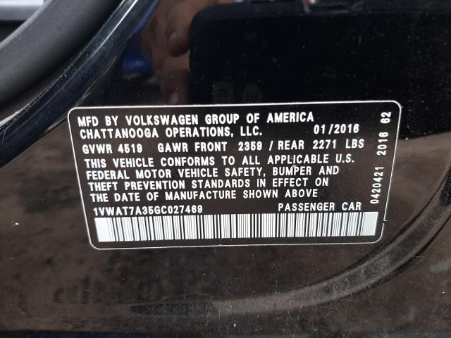 Photo 10 from auction – 2016 VOLKSWAGEN PASSAT S with VIN 1VWAT7A35GC027469