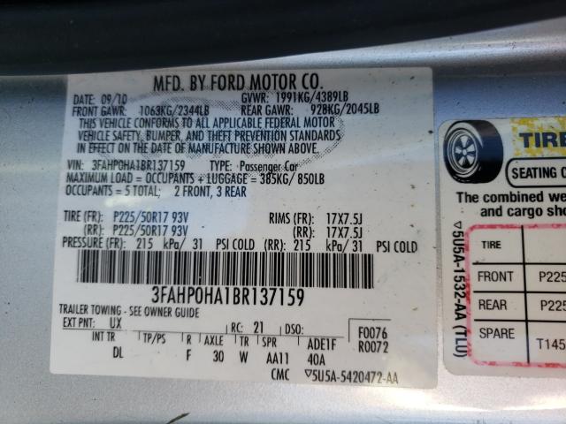 Photo 10 from auction – 2011 FORD FUSION SE with VIN 3FAHP0HA1BR137159