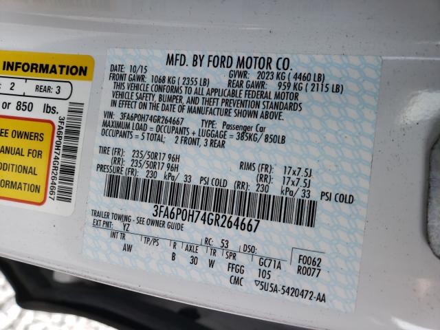 Photo 10 from auction – 2016 FORD FUSION SE with VIN 3FA6P0H74GR264667
