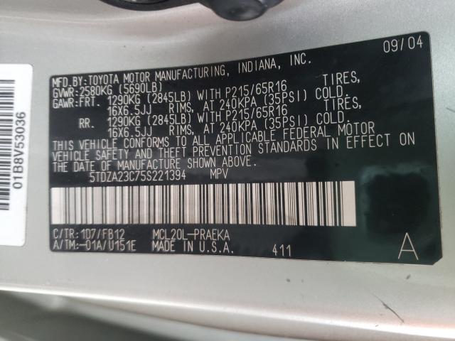 Photo 10 from auction – 2005 TOYOTA SIENNA CE with VIN 5TDZA23C75S221394