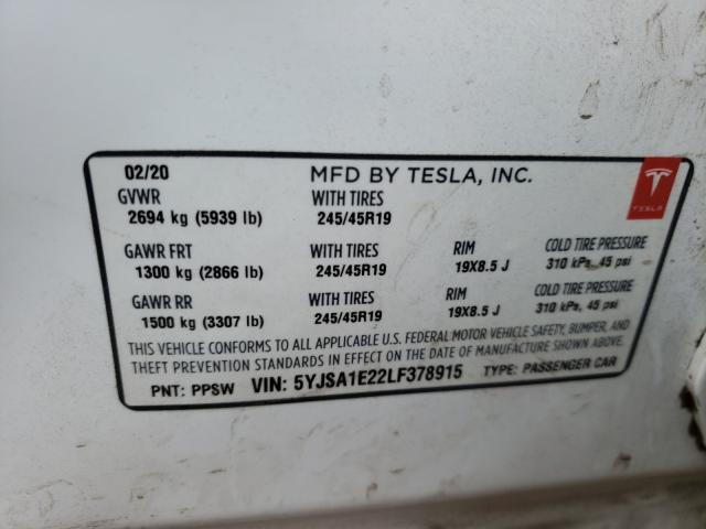 Photo 10 from auction – 2020 TESLA MODEL S with VIN 5YJSA1E22LF378915