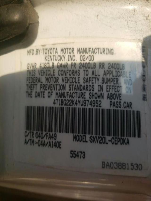 Photo 10 from auction – 2000 TOYOTA CAMRY CE with VIN 4T1BG22K4YU974952