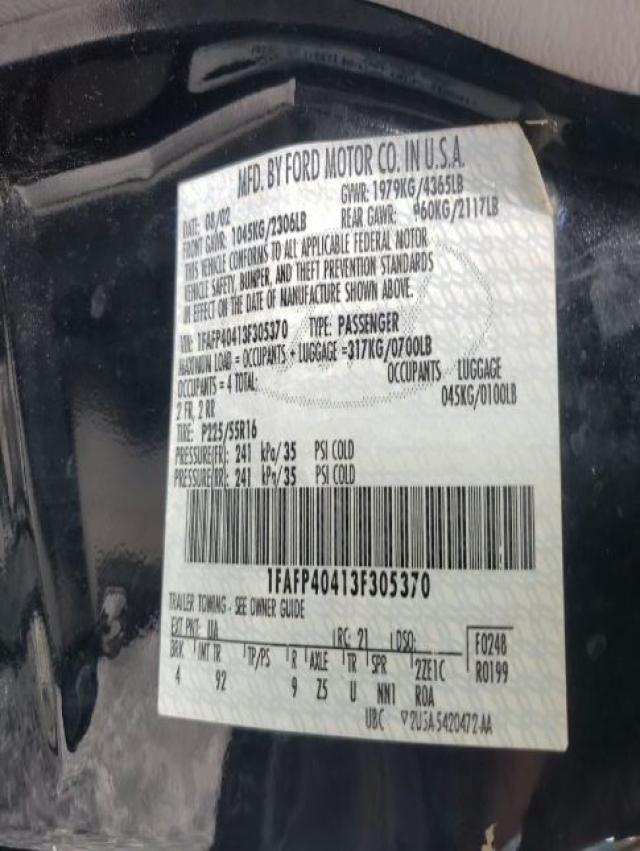 Photo 10 from auction – 2003 FORD MUSTANG with VIN 1FAFP40413F305370