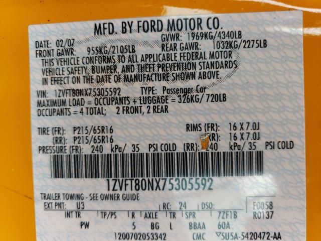 Photo 10 from auction – 2007 FORD MUSTANG with VIN 1ZVFT80NX75305592