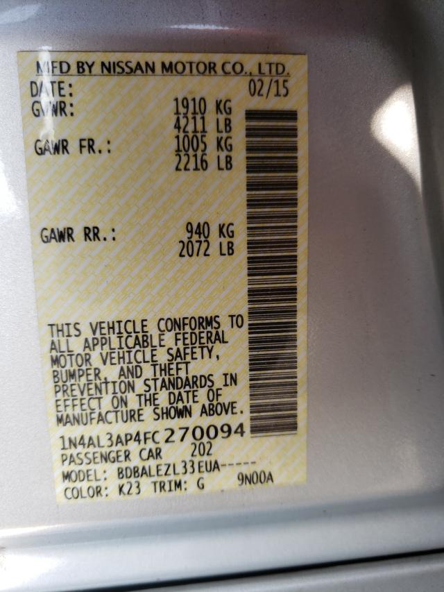 Photo 10 from auction – 2015 NISSAN ALTIMA 2.5 with VIN 1N4AL3AP4FC270094