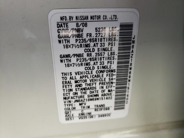 Photo 10 from auction – 2009 NISSAN MURANO S with VIN JN8AZ18W69W151402