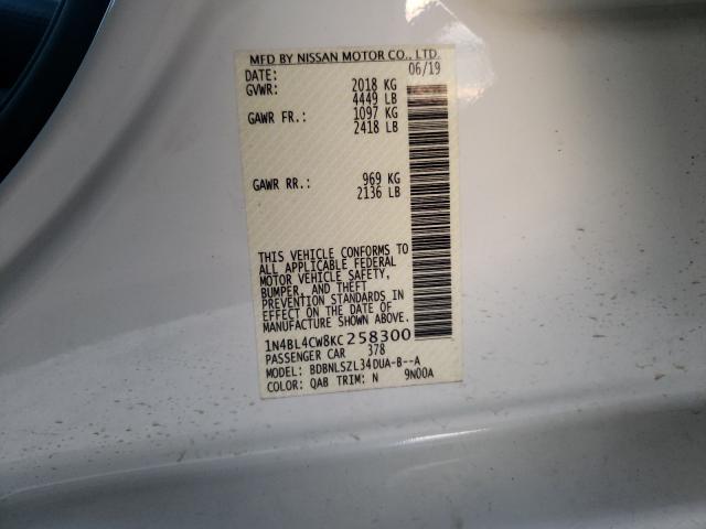 Photo 10 from auction – 2019 NISSAN ALTIMA SR with VIN 1N4BL4CW8KC258300