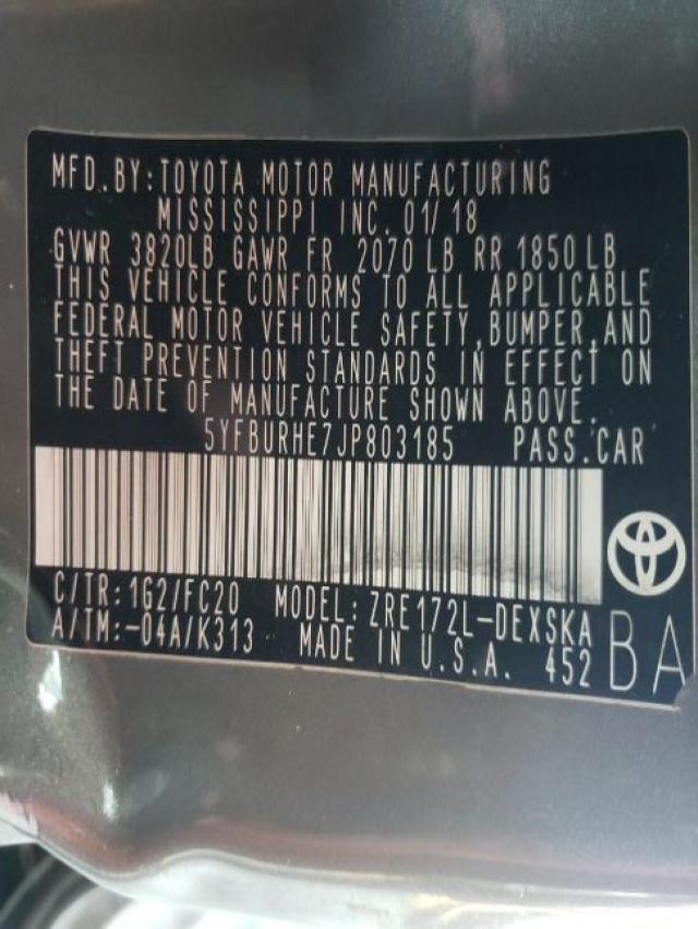 Photo 10 from auction – 2018 TOYOTA COROLLA L with VIN 5YFBURHE7JP803185