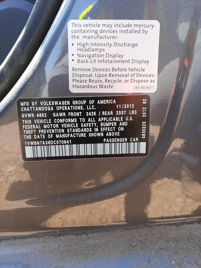 Photo 10 from auction – 2013 VOLKSWAGEN PASSAT SE with VIN 1VWBN7A36DC070941