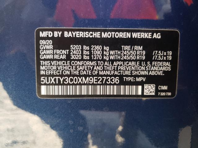 Photo 10 from auction – 2021 BMW X3 SDRIVE3 with VIN 5UXTY3C0XM9E27336