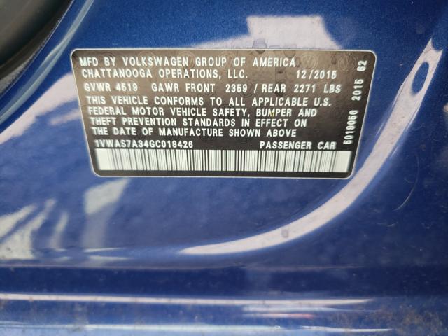 Photo 10 from auction – 2016 VOLKSWAGEN PASSAT S with VIN 1VWAS7A34GC018426