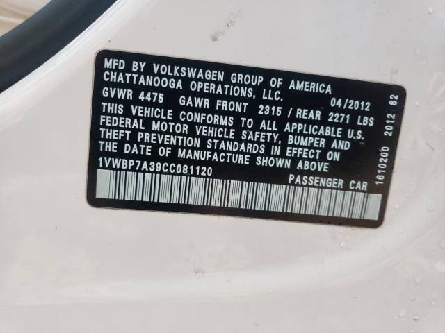 Photo 10 from auction – 2012 VOLKSWAGEN PASSAT SE with VIN 1VWBP7A39CC081120