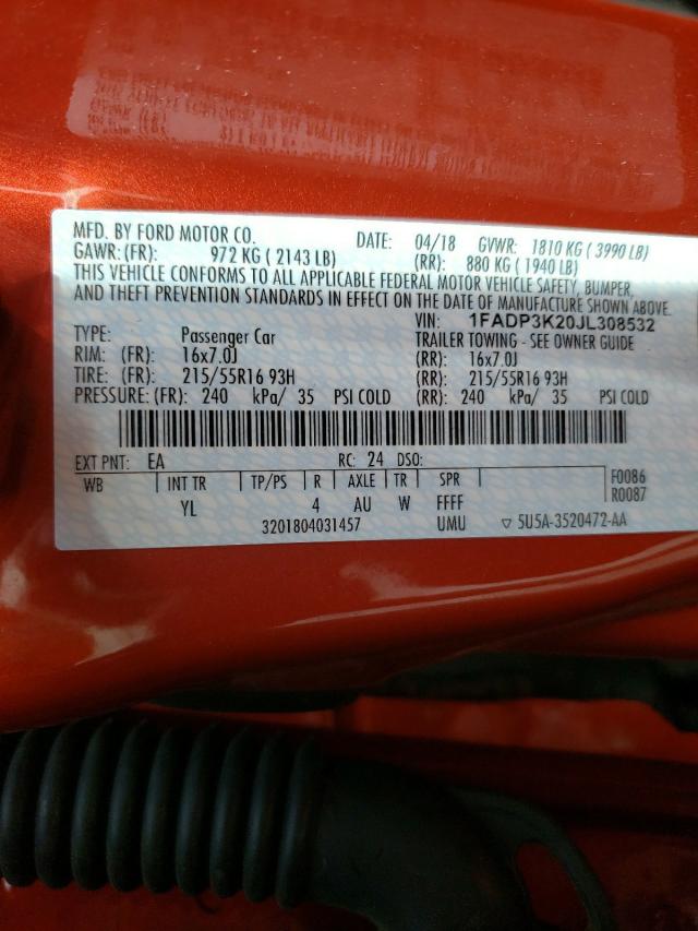 Photo 10 from auction – 2018 FORD FOCUS SE with VIN 1FADP3K20JL308532