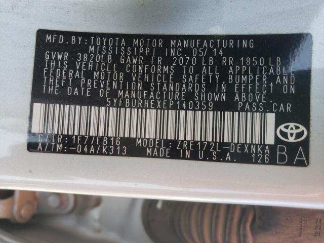 Photo 10 from auction – 2014 TOYOTA COROLLA L with VIN 5YFBURHEXEP140359