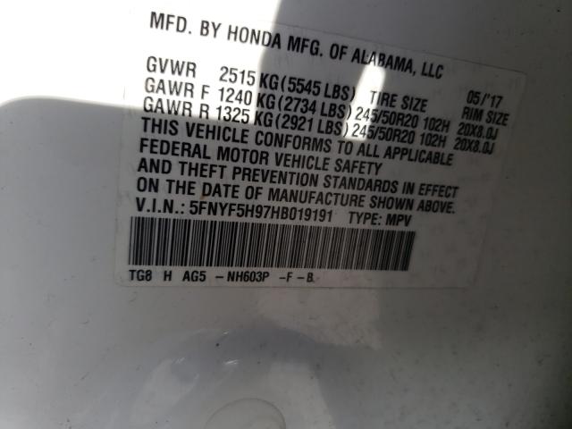 Photo 10 from auction – 2017 HONDA PILOT TOUR with VIN 5FNYF5H97HB019191