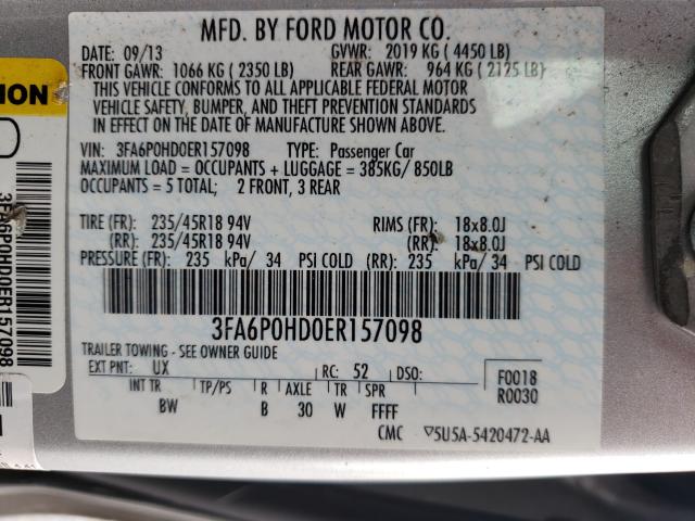 Photo 10 from auction – 2014 FORD FUSION SE with VIN 3FA6P0HD0ER157098